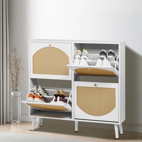 2 rows of 4 dump buckets with high-leg arched rattan shoe cabinet, particle board + plastic rattan, 105*24*98cm, white frame + original wood rattan surface + white high legs