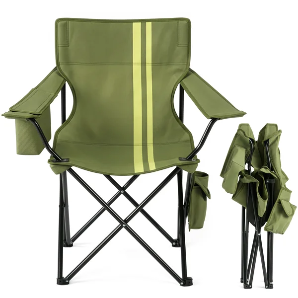 Folding Camping Chair with Built-in Cooler Bag & Cup Holder, Heavy Duty 350 lbs Capacity Portable Outdoor Camp Chair, Green Padded Folding Chair with Side Pocket for Camping, Beach, Patio, Picnic, Travel