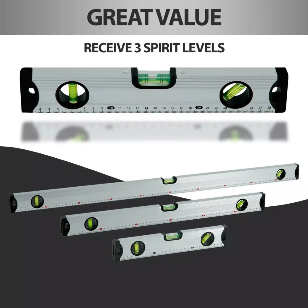 Magnetic Spirit Level Set 3pc, Silver Builder Levels 300/600/1000mm for Precision Construction Alignment