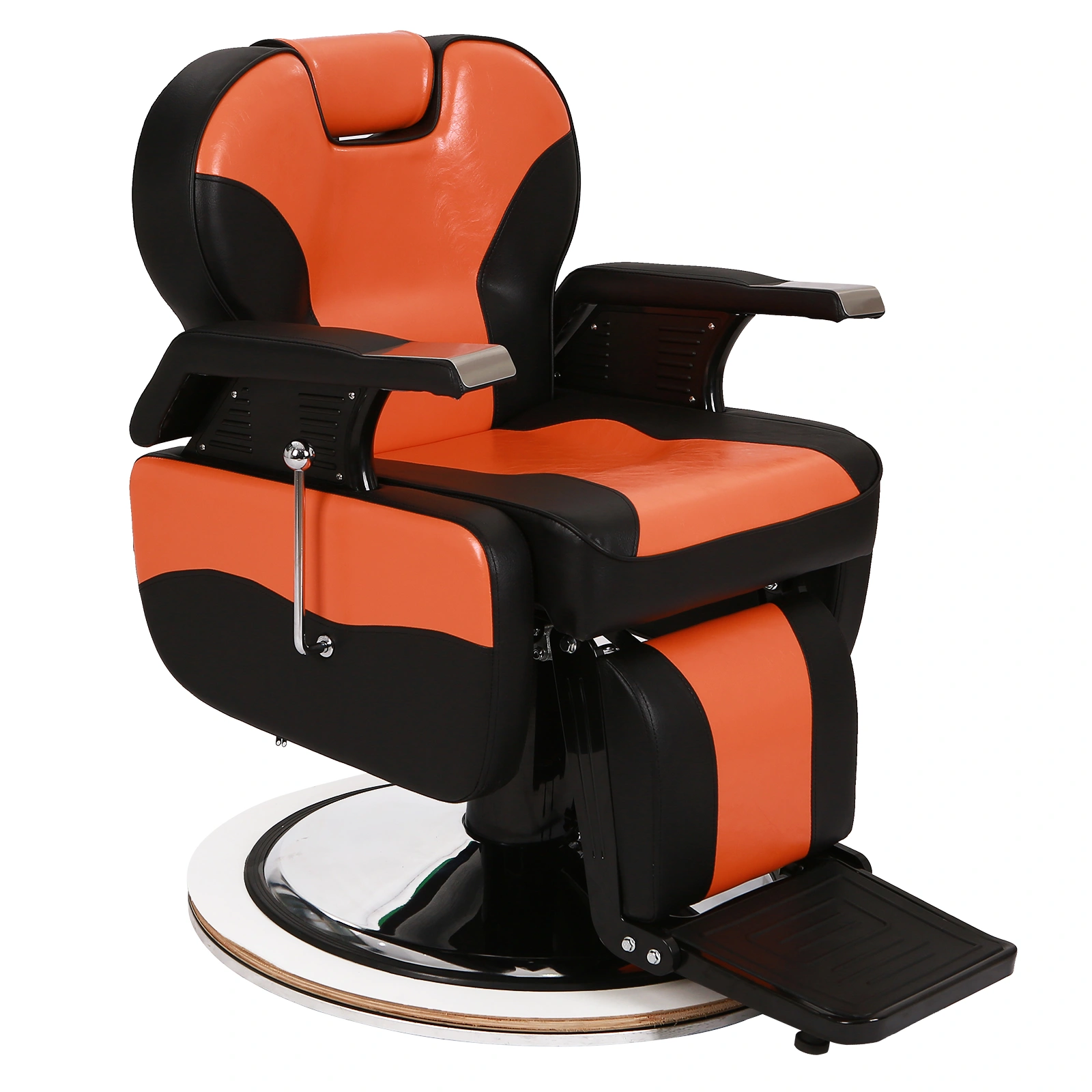 Barber Chair Orange, PVC Leather Hydraulic Barber Shop Chair with Wooden Armrest & Iron Footrest, 150kg Weight Capacity, Reclining Down Position