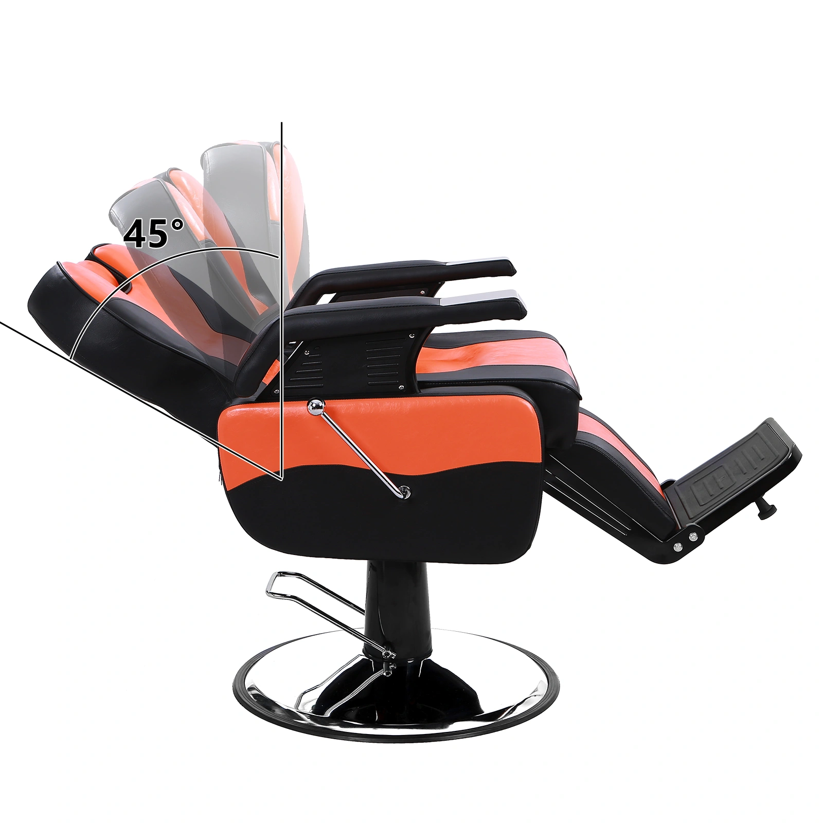 Barber Chair Orange, PVC Leather Hydraulic Barber Shop Chair with Wooden Armrest & Iron Footrest, 150kg Weight Capacity, Reclining Down Position view 10