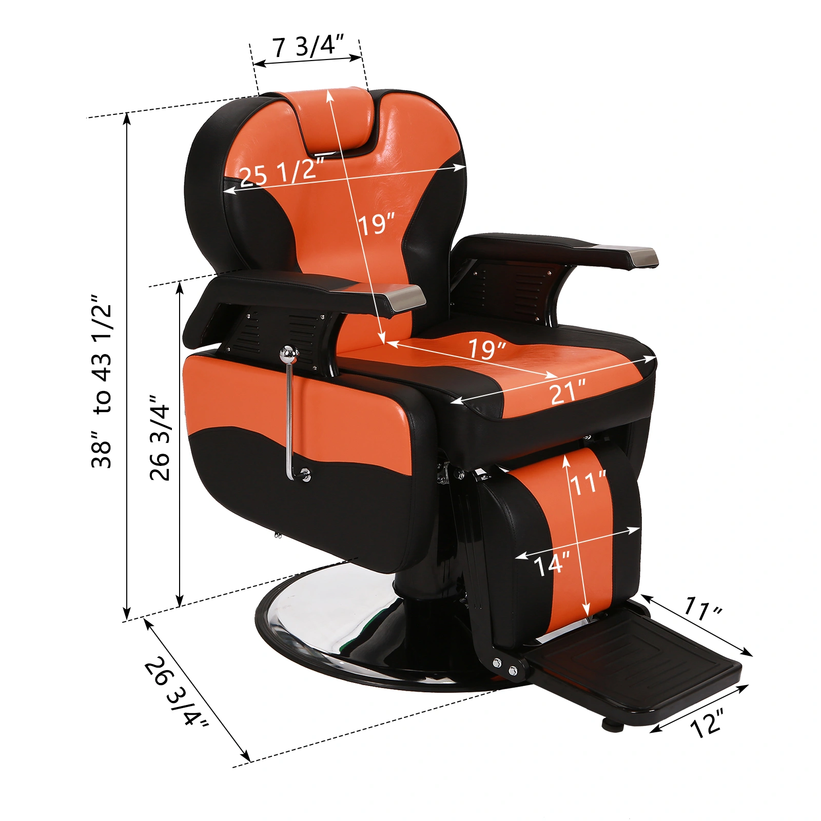 Barber Chair Orange, PVC Leather Hydraulic Barber Shop Chair with Wooden Armrest & Iron Footrest, 150kg Weight Capacity, Reclining Down Position view 11