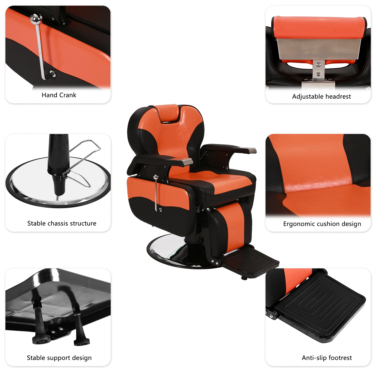Barber Chair Orange, PVC Leather Hydraulic Barber Shop Chair with Wooden Armrest & Iron Footrest, 150kg Weight Capacity, Reclining Down Position view 12
