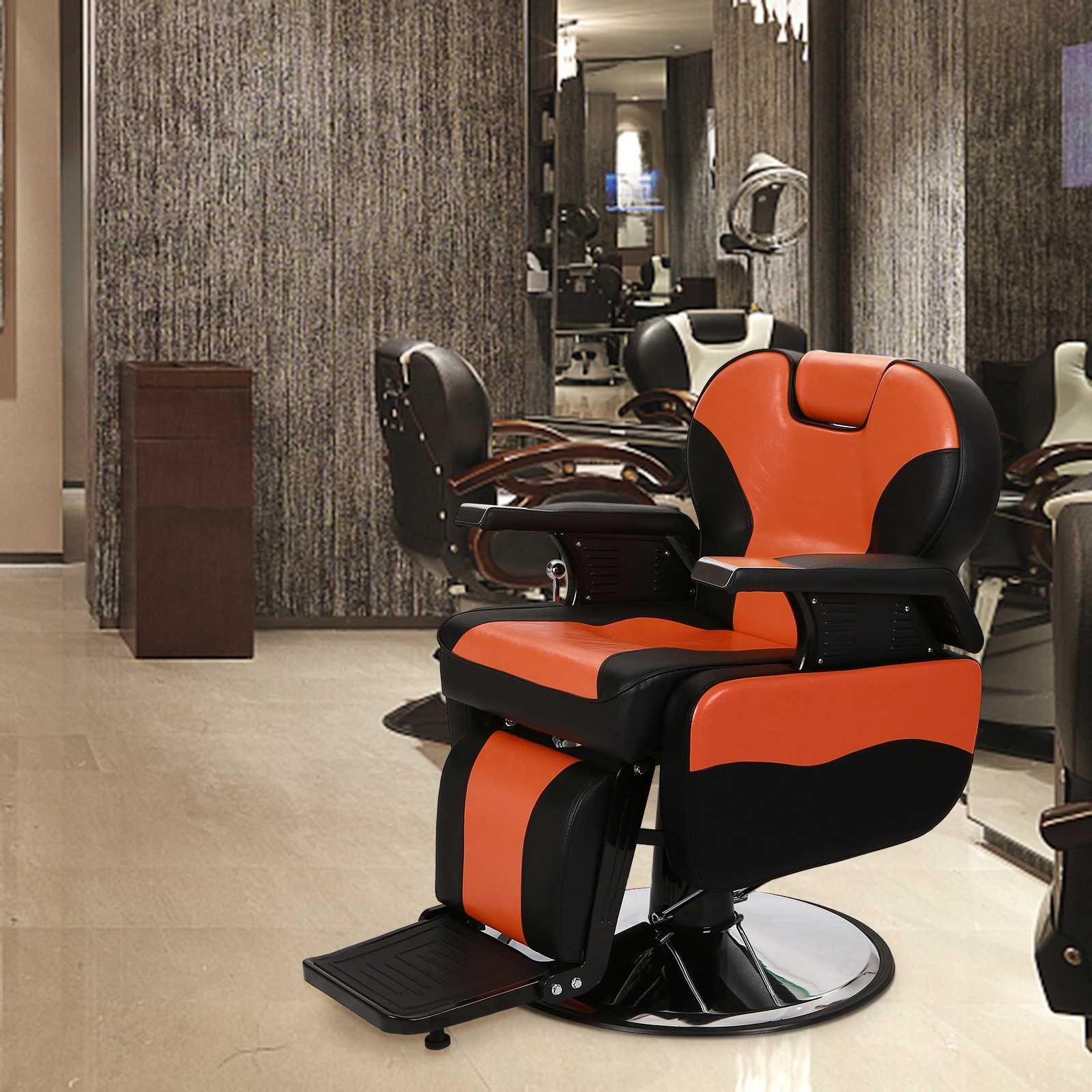Barber Chair Orange, PVC Leather Hydraulic Barber Shop Chair with Wooden Armrest & Iron Footrest, 150kg Weight Capacity, Reclining Down Position view 13