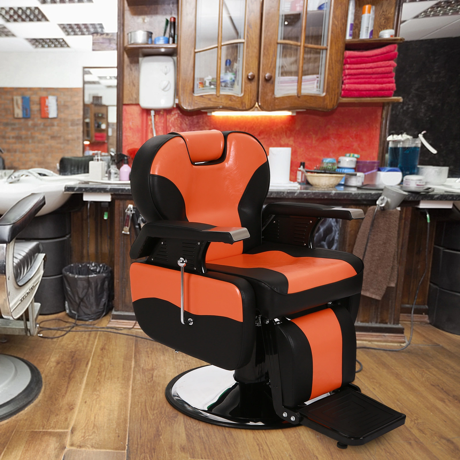 Barber Chair Orange, PVC Leather Hydraulic Barber Shop Chair with Wooden Armrest & Iron Footrest, 150kg Weight Capacity, Reclining Down Position view 14