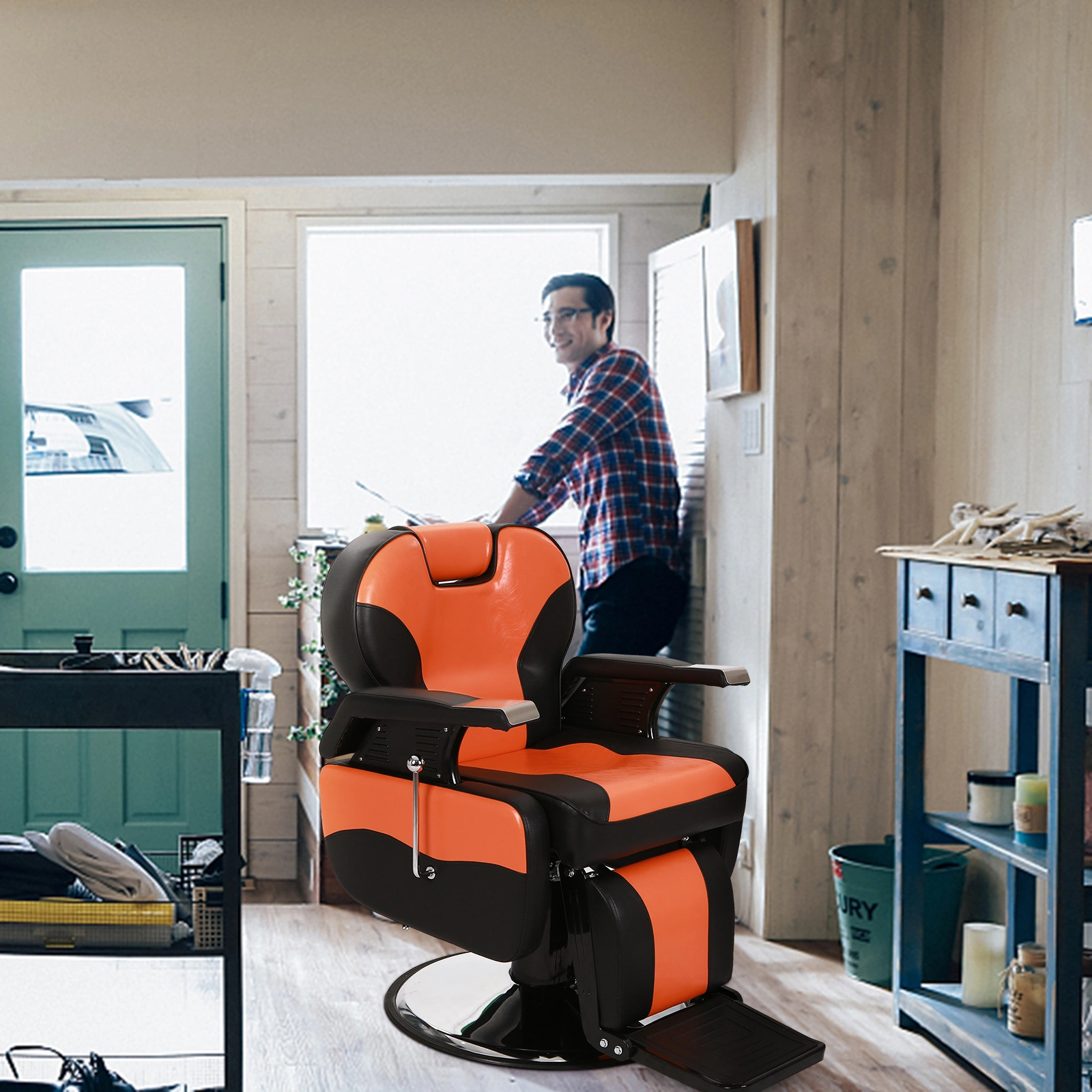 Barber Chair Orange, PVC Leather Hydraulic Barber Shop Chair with Wooden Armrest & Iron Footrest, 150kg Weight Capacity, Reclining Down Position view 15