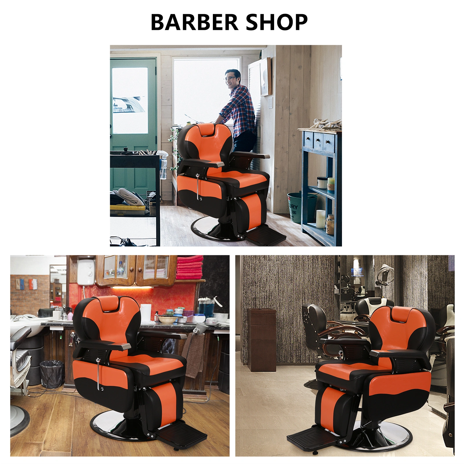 Barber Chair Orange, PVC Leather Hydraulic Barber Shop Chair with Wooden Armrest & Iron Footrest, 150kg Weight Capacity, Reclining Down Position view 16