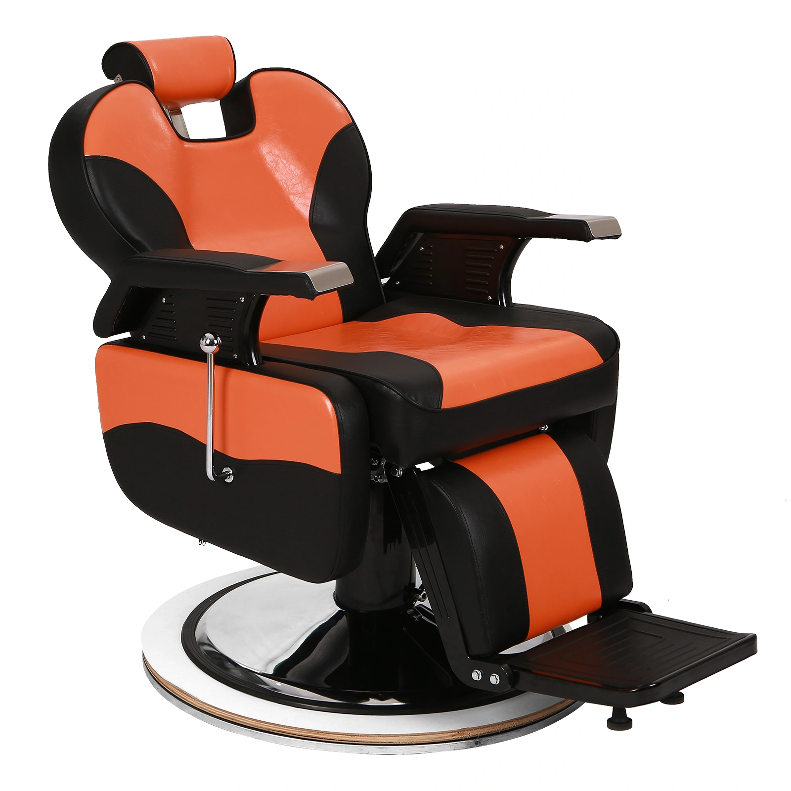 Barber Chair Orange, PVC Leather Hydraulic Barber Shop Chair with Wooden Armrest & Iron Footrest, 150kg Weight Capacity, Reclining Down Position view 2