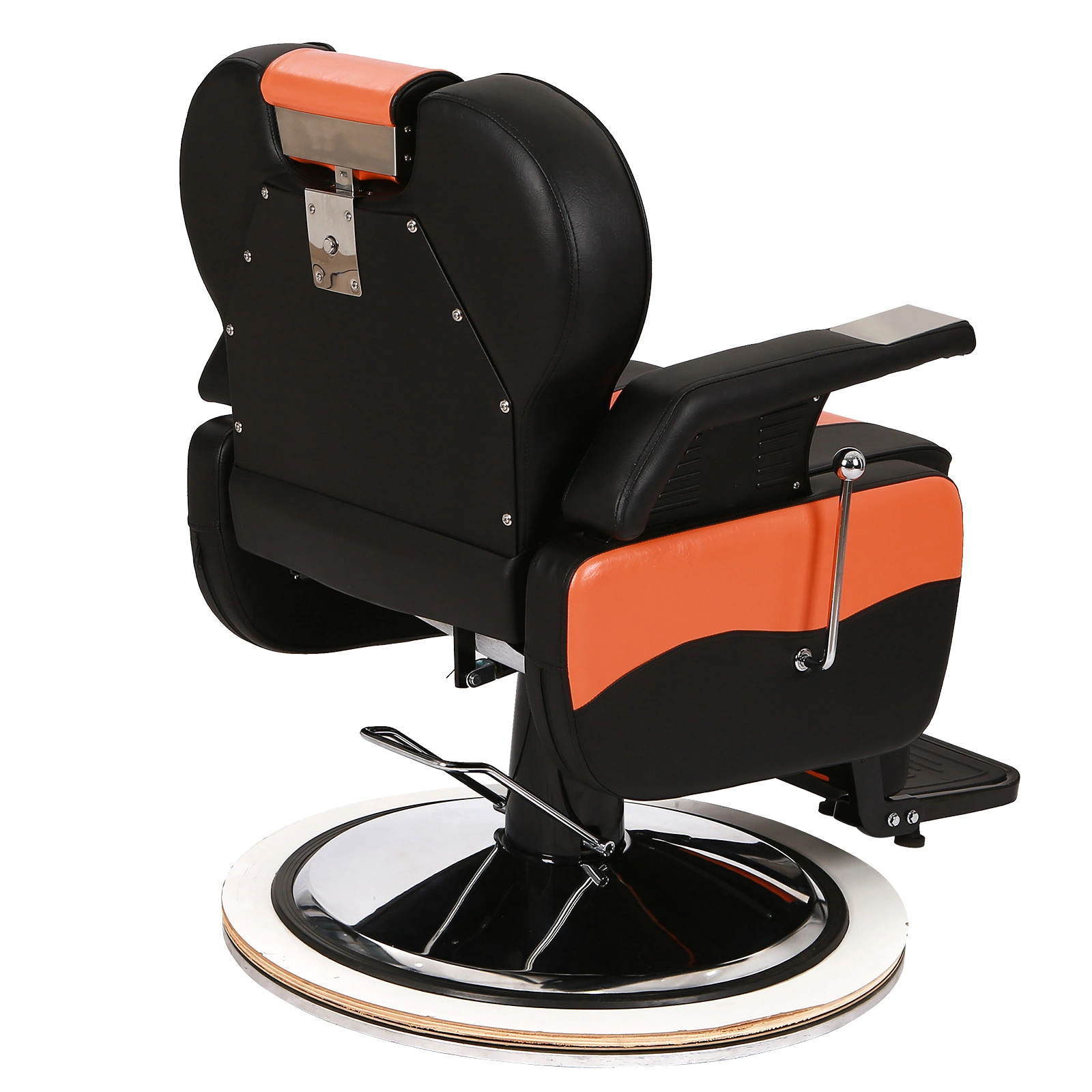 Barber Chair Orange, PVC Leather Hydraulic Barber Shop Chair with Wooden Armrest & Iron Footrest, 150kg Weight Capacity, Reclining Down Position view 3