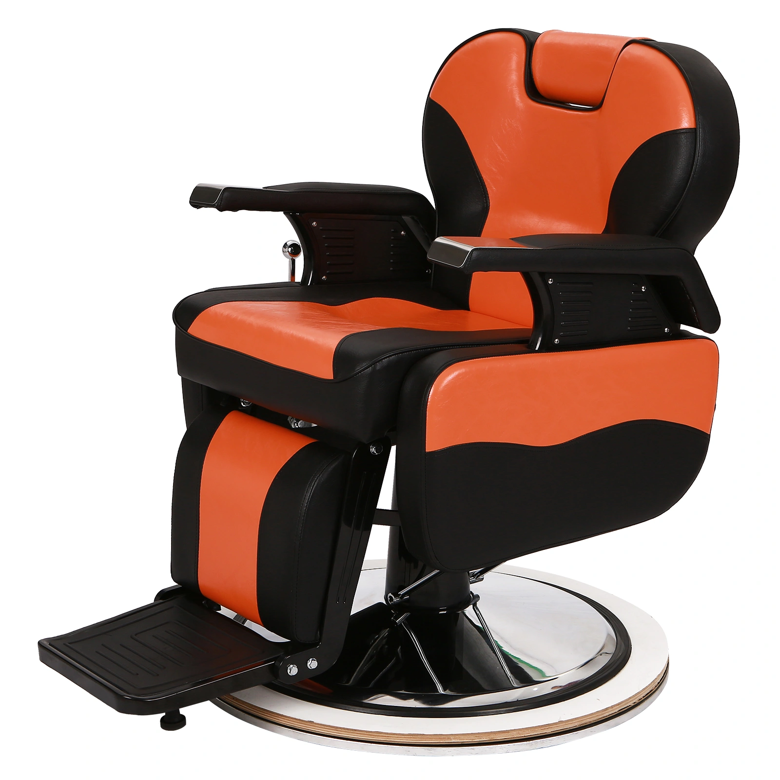 Barber Chair Orange, PVC Leather Hydraulic Barber Shop Chair with Wooden Armrest & Iron Footrest, 150kg Weight Capacity, Reclining Down Position view 4