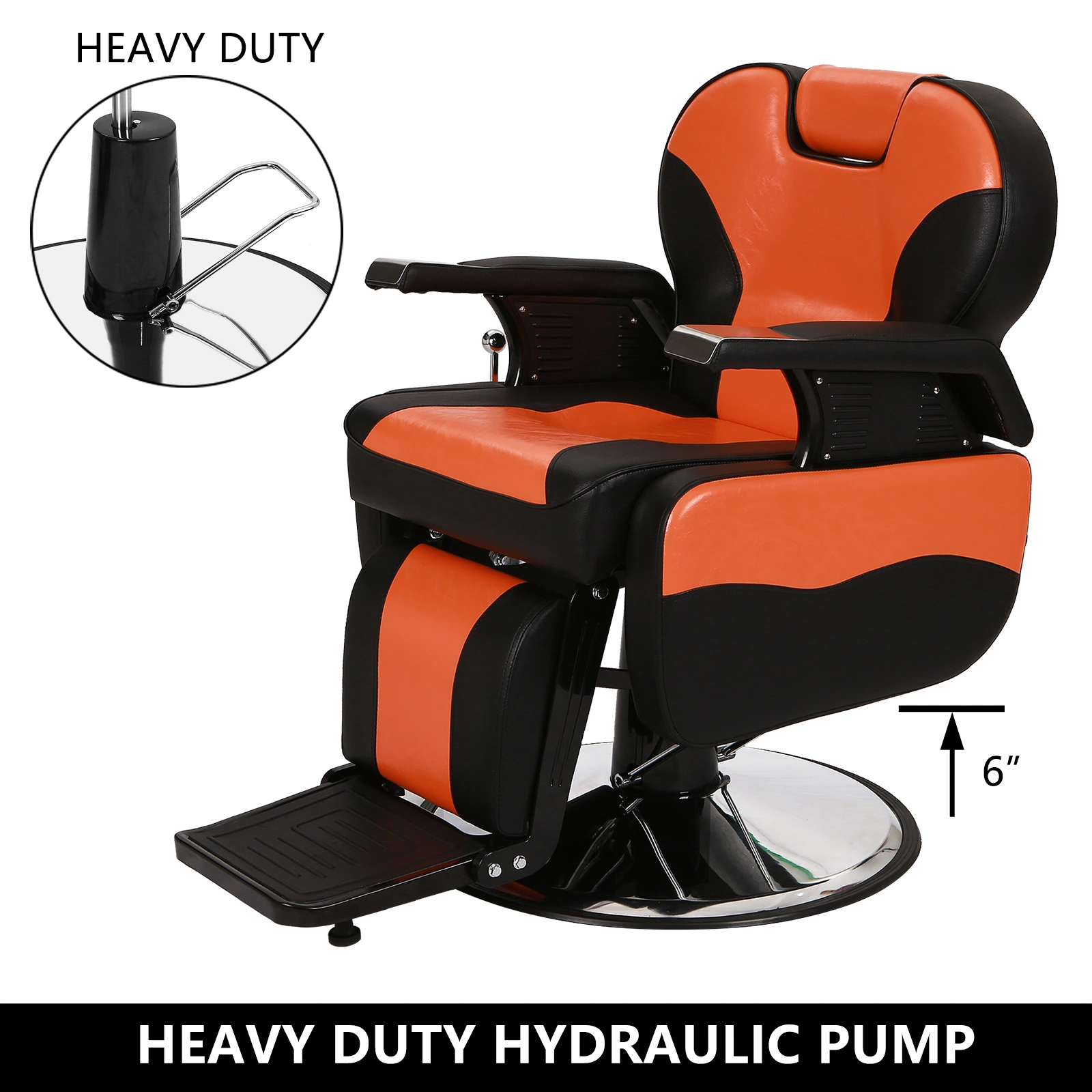 Barber Chair Orange, PVC Leather Hydraulic Barber Shop Chair with Wooden Armrest & Iron Footrest, 150kg Weight Capacity, Reclining Down Position view 5