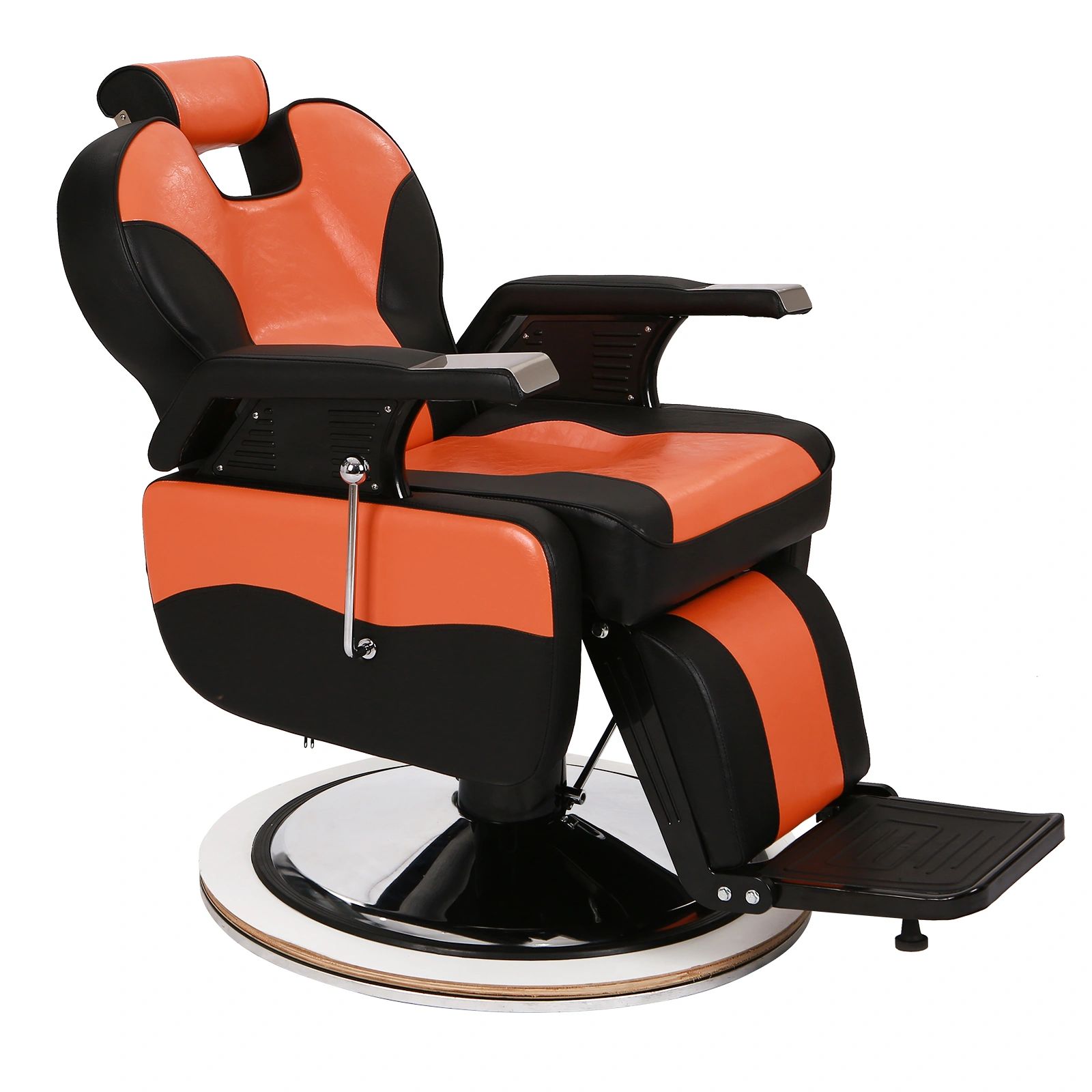Barber Chair Orange, PVC Leather Hydraulic Barber Shop Chair with Wooden Armrest & Iron Footrest, 150kg Weight Capacity, Reclining Down Position view 6