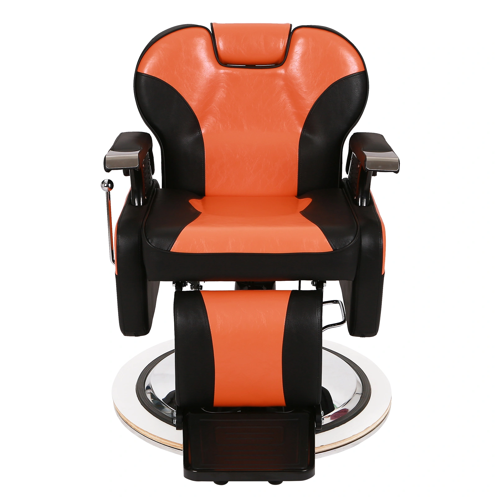 Barber Chair Orange, PVC Leather Hydraulic Barber Shop Chair with Wooden Armrest & Iron Footrest, 150kg Weight Capacity, Reclining Down Position view 7