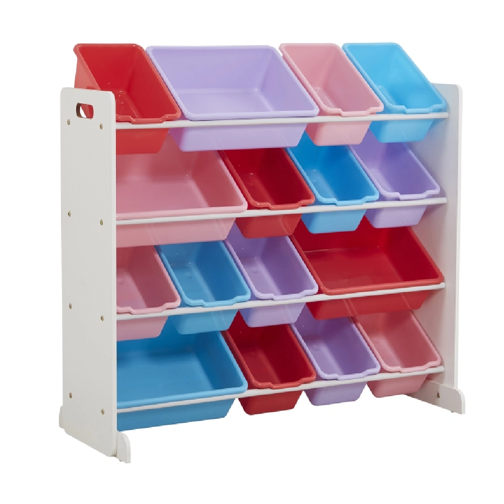 Kids Toy Storage Organizer with 16 Plastic Bins, Wooden Playroom Shelf Unit, X-Large, White/Blue/Pink/Purple