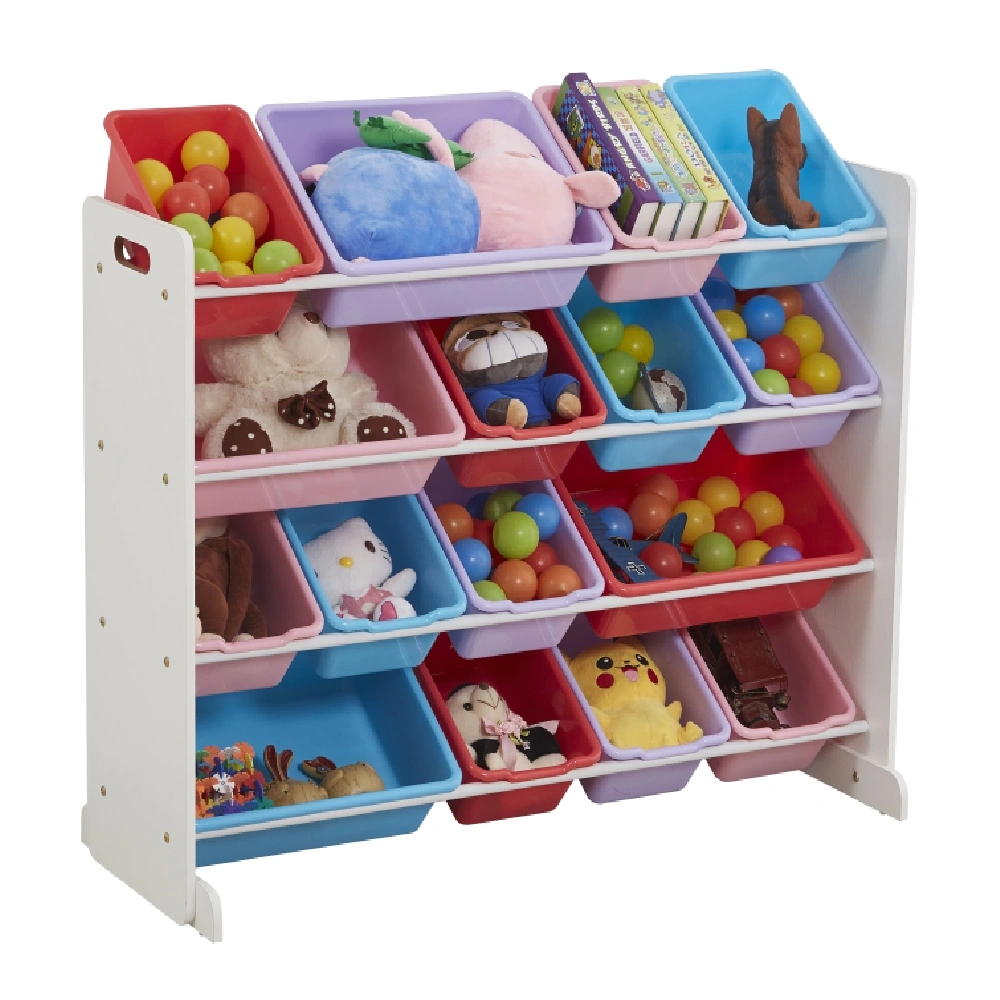 Kids Toy Storage Organizer with 16 Plastic Bins, Wooden Playroom Shelf Unit, X-Large, White/Blue/Pink/Purple view 3