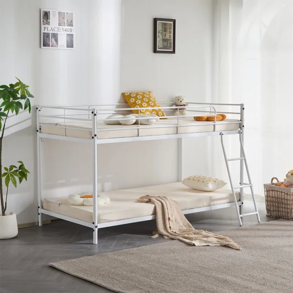 Twin Size Metal Bunk Bed for Kids Teens Adults, Heavy Duty Metal Bunk Bed with Ladder & Full-Length Guard Rail, White view 2