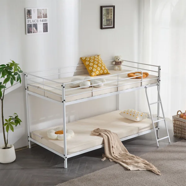 Twin Size Metal Bunk Bed for Kids Teens Adults, Heavy Duty Metal Bunk Bed with Ladder & Full-Length Guard Rail, White view 3