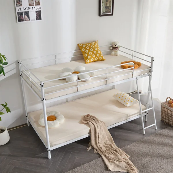 Twin Size Metal Bunk Bed for Kids Teens Adults, Heavy Duty Metal Bunk Bed with Ladder & Full-Length Guard Rail, White view 6
