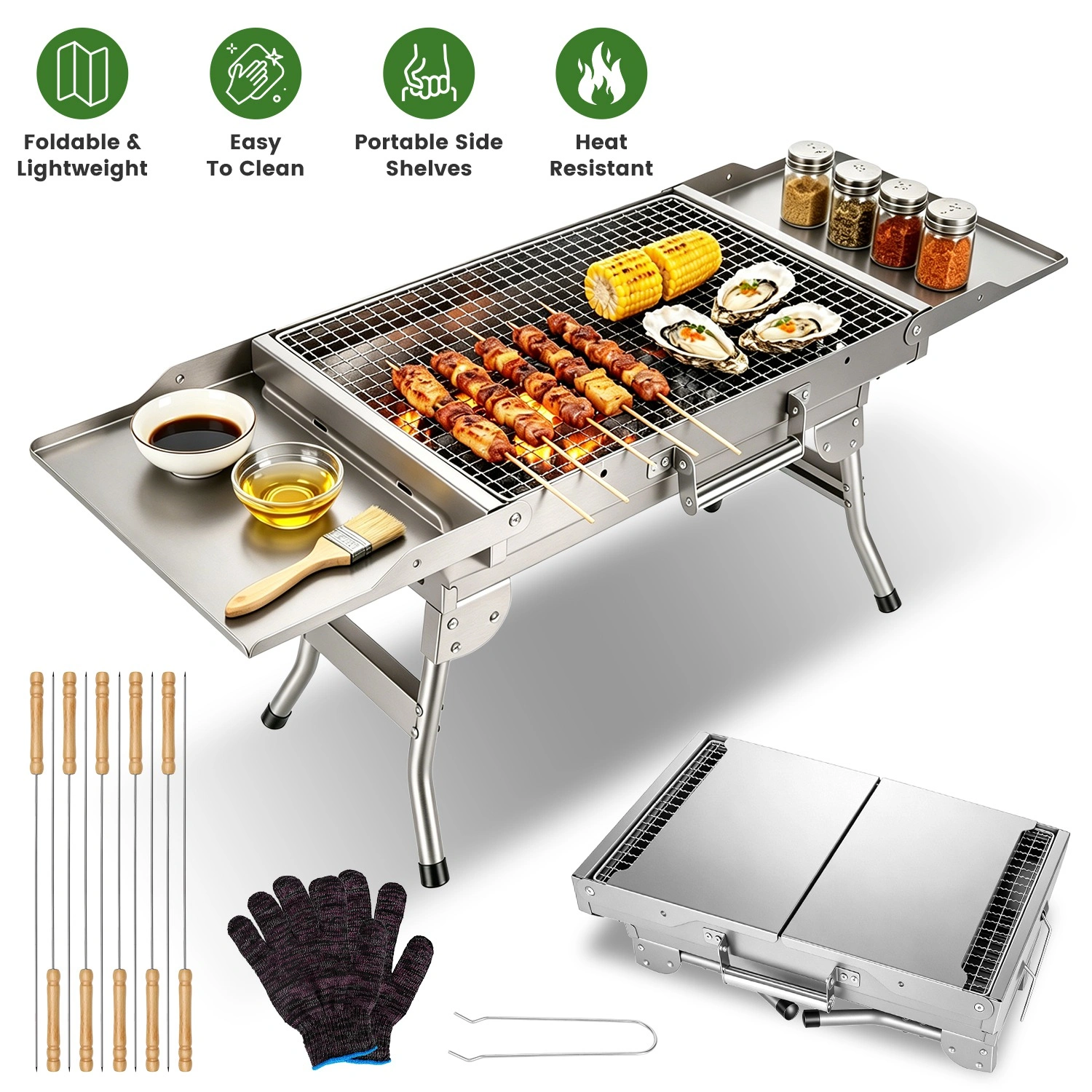 Portable Folding Charcoal BBQ Grill with Dual Side Shelves & 12 Air Vents, Includes Skewers, Heat-Resistant Gloves & Grill Tools Set for Outdoor Camping