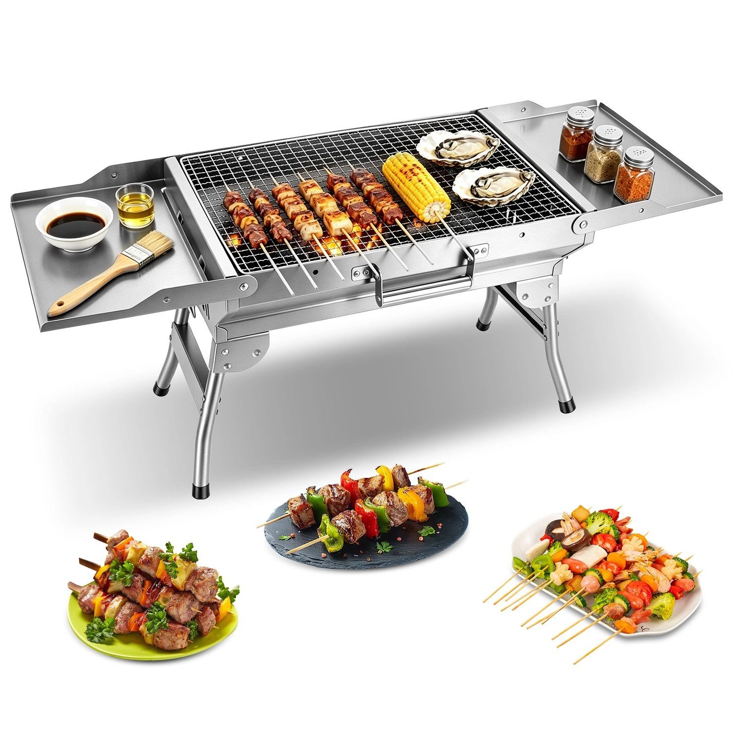 Portable Folding Charcoal BBQ Grill with Dual Side Shelves & 12 Air Vents, Includes Skewers, Heat-Resistant Gloves & Grill Tools Set for Outdoor Camping view 14