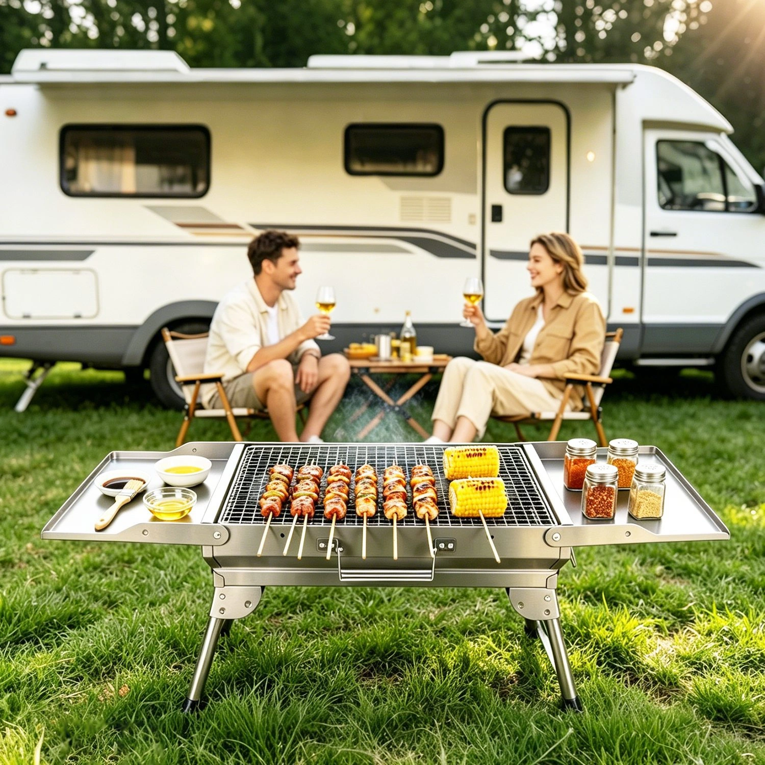 Portable Folding Charcoal BBQ Grill with Dual Side Shelves & 12 Air Vents, Includes Skewers, Heat-Resistant Gloves & Grill Tools Set for Outdoor Camping view 2