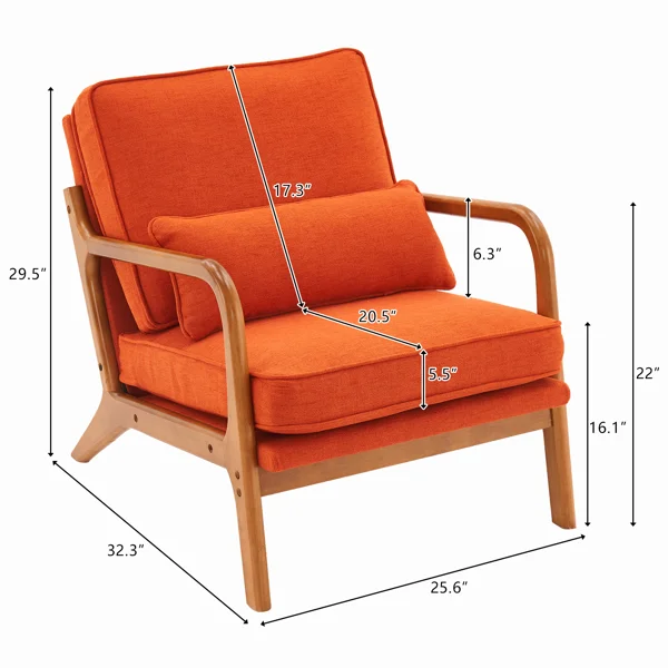 Oak Armrest Accent Chair, Single Upholstered Lounge Chair with Solid Oak Frame, Burnt Orange Indoor Leisure Chair view 6