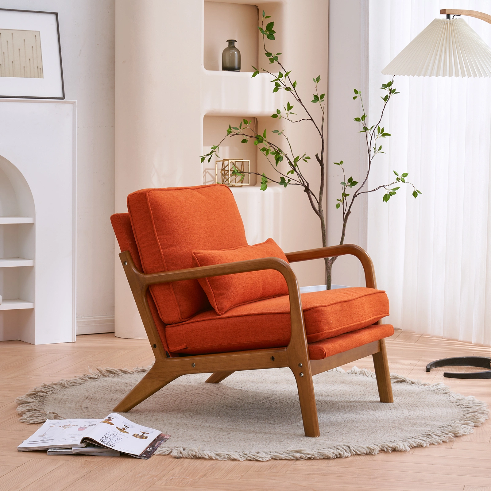 Oak Armrest Accent Chair, Single Upholstered Lounge Chair with Solid Oak Frame, Burnt Orange Indoor Leisure Chair view 11