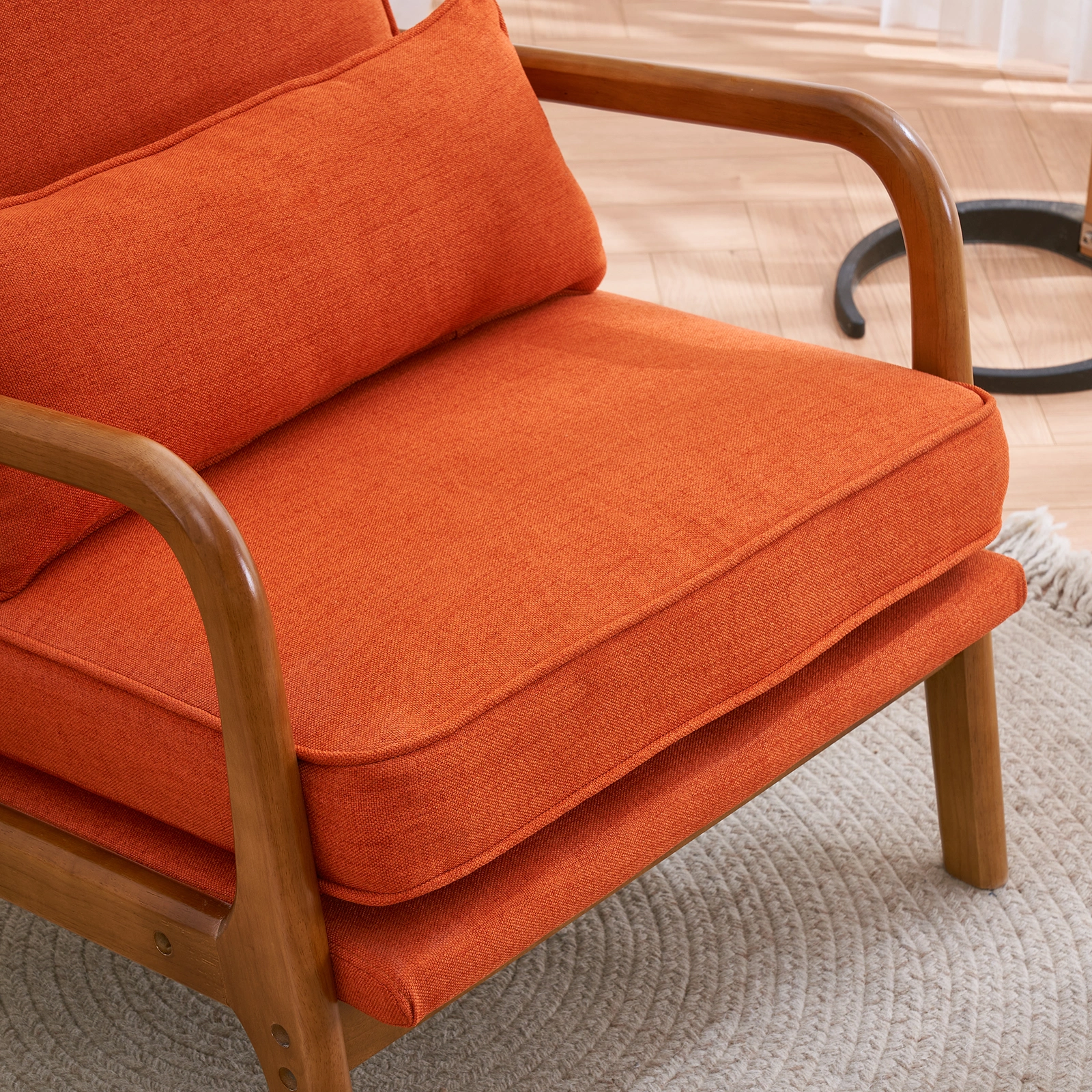 Oak Armrest Accent Chair, Single Upholstered Lounge Chair with Solid Oak Frame, Burnt Orange Indoor Leisure Chair view 18