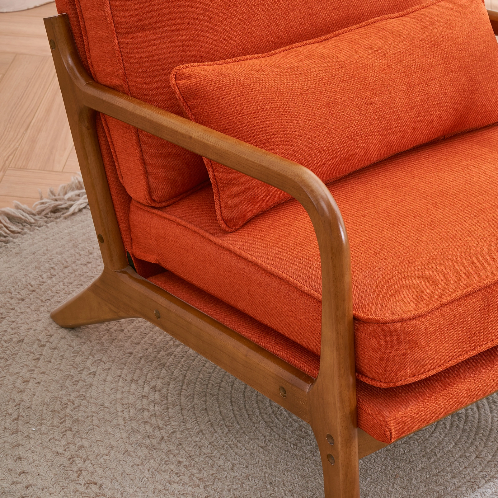 Oak Armrest Accent Chair, Single Upholstered Lounge Chair with Solid Oak Frame, Burnt Orange Indoor Leisure Chair view 20