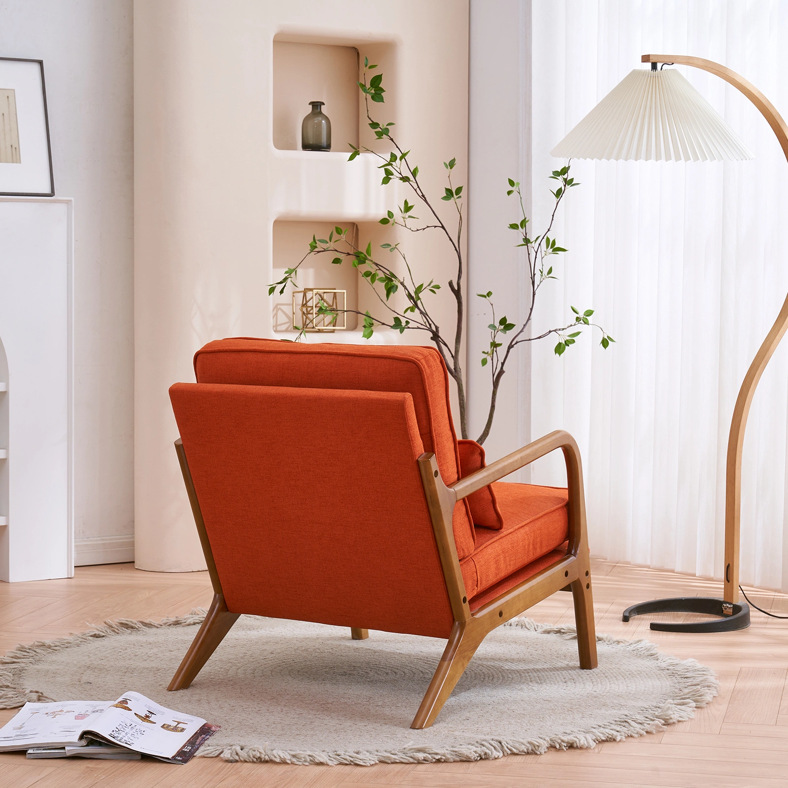Oak Armrest Accent Chair, Single Upholstered Lounge Chair with Solid Oak Frame, Burnt Orange Indoor Leisure Chair view 24