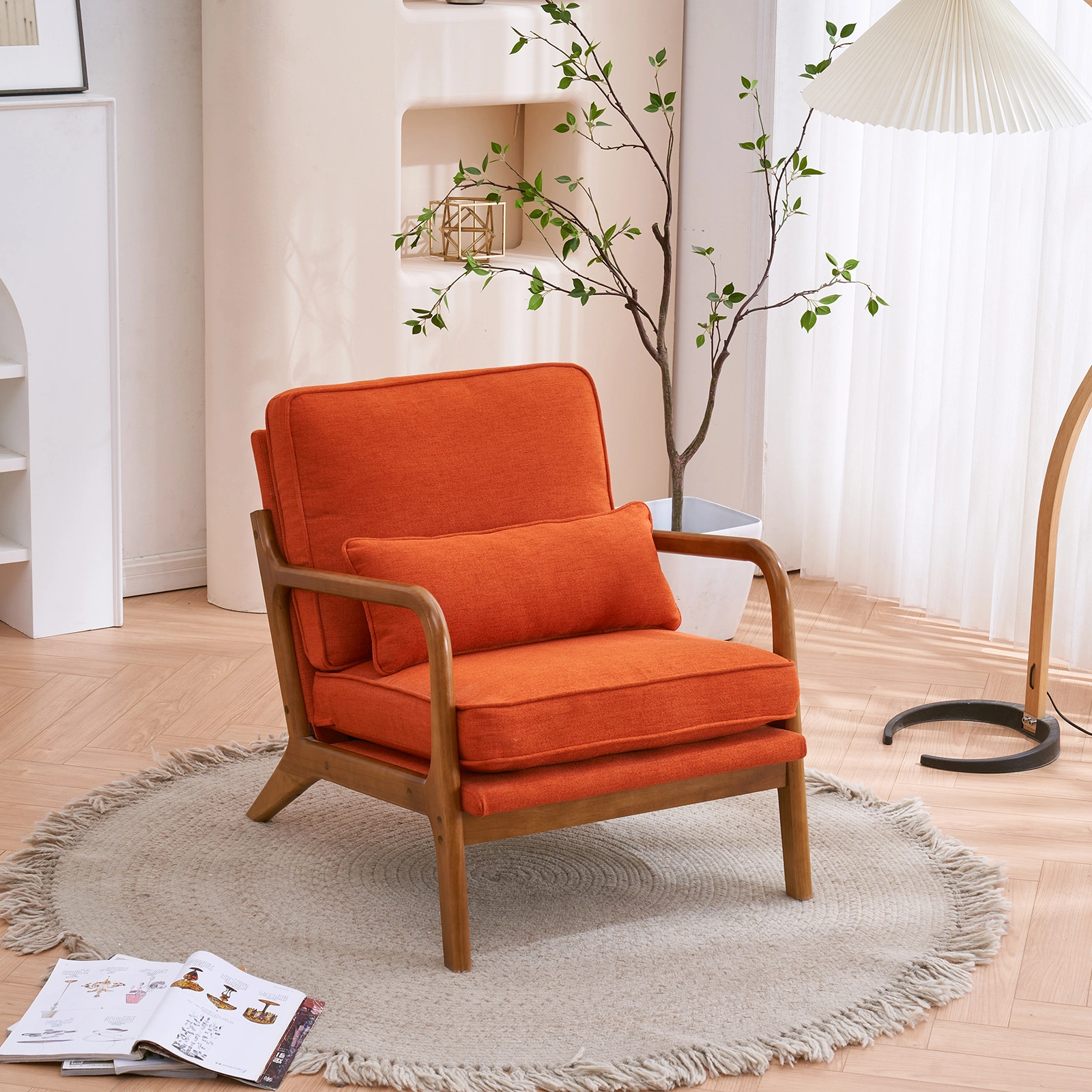 Oak Armrest Accent Chair, Single Upholstered Lounge Chair with Solid Oak Frame, Burnt Orange Indoor Leisure Chair view 25
