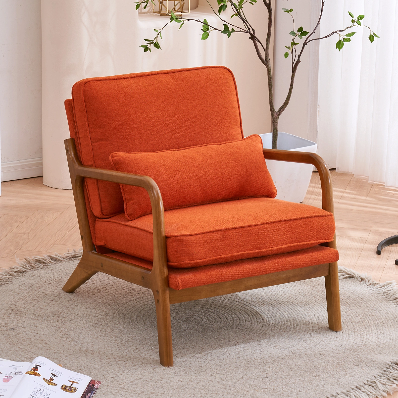 Oak Armrest Accent Chair, Single Upholstered Lounge Chair with Solid Oak Frame, Burnt Orange Indoor Leisure Chair view 27