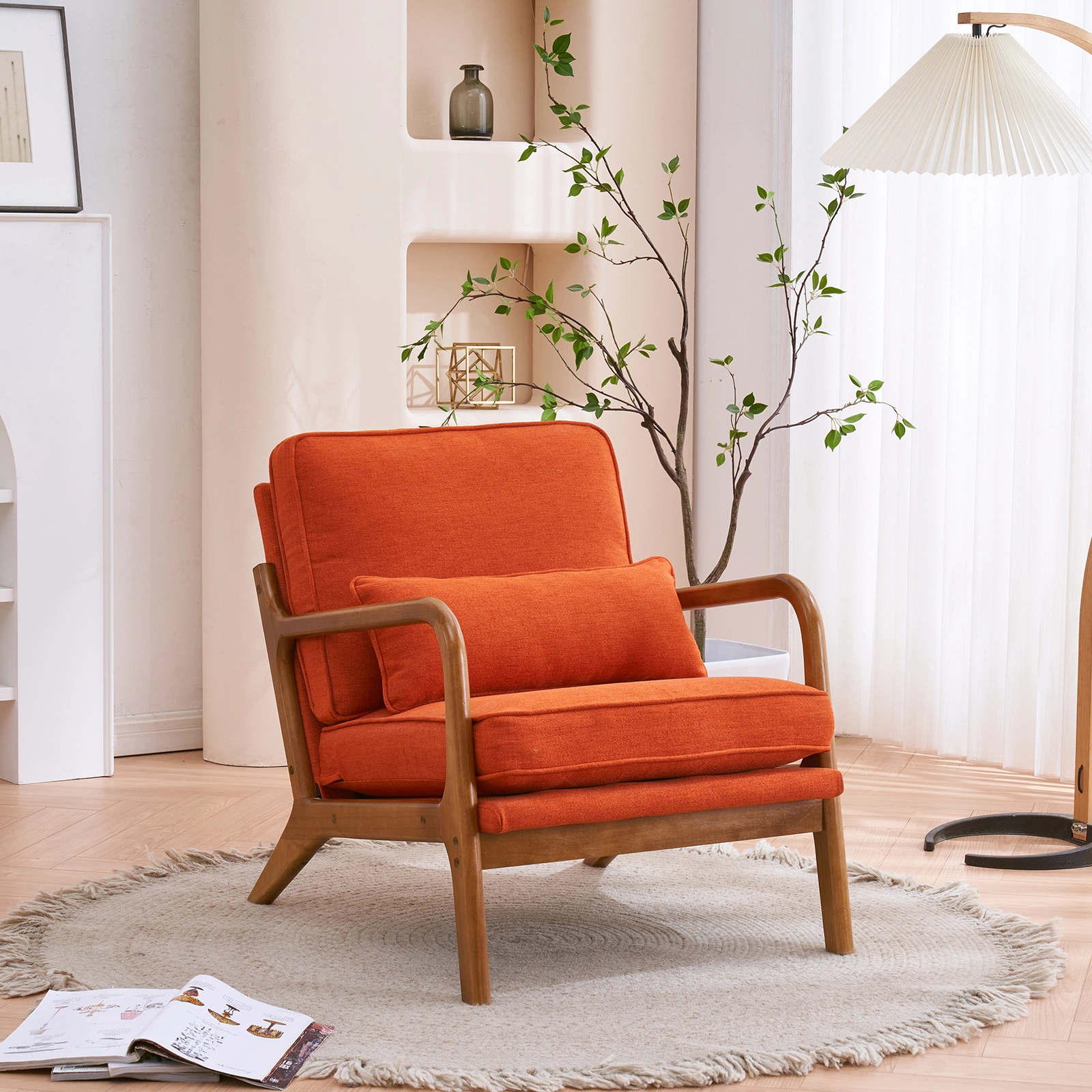 Oak Armrest Accent Chair, Single Upholstered Lounge Chair with Solid Oak Frame, Burnt Orange Indoor Leisure Chair view 28