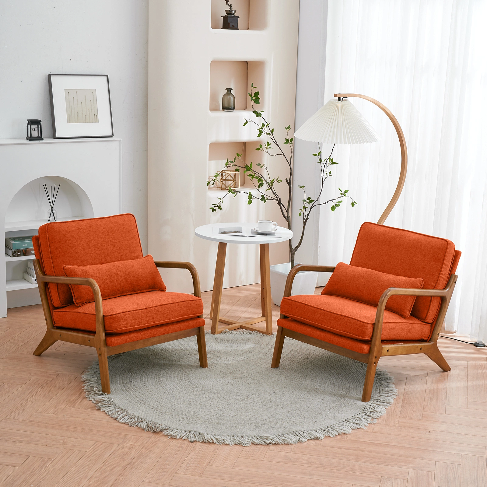 Oak Armrest Accent Chair, Single Upholstered Lounge Chair with Solid Oak Frame, Burnt Orange Indoor Leisure Chair view 29