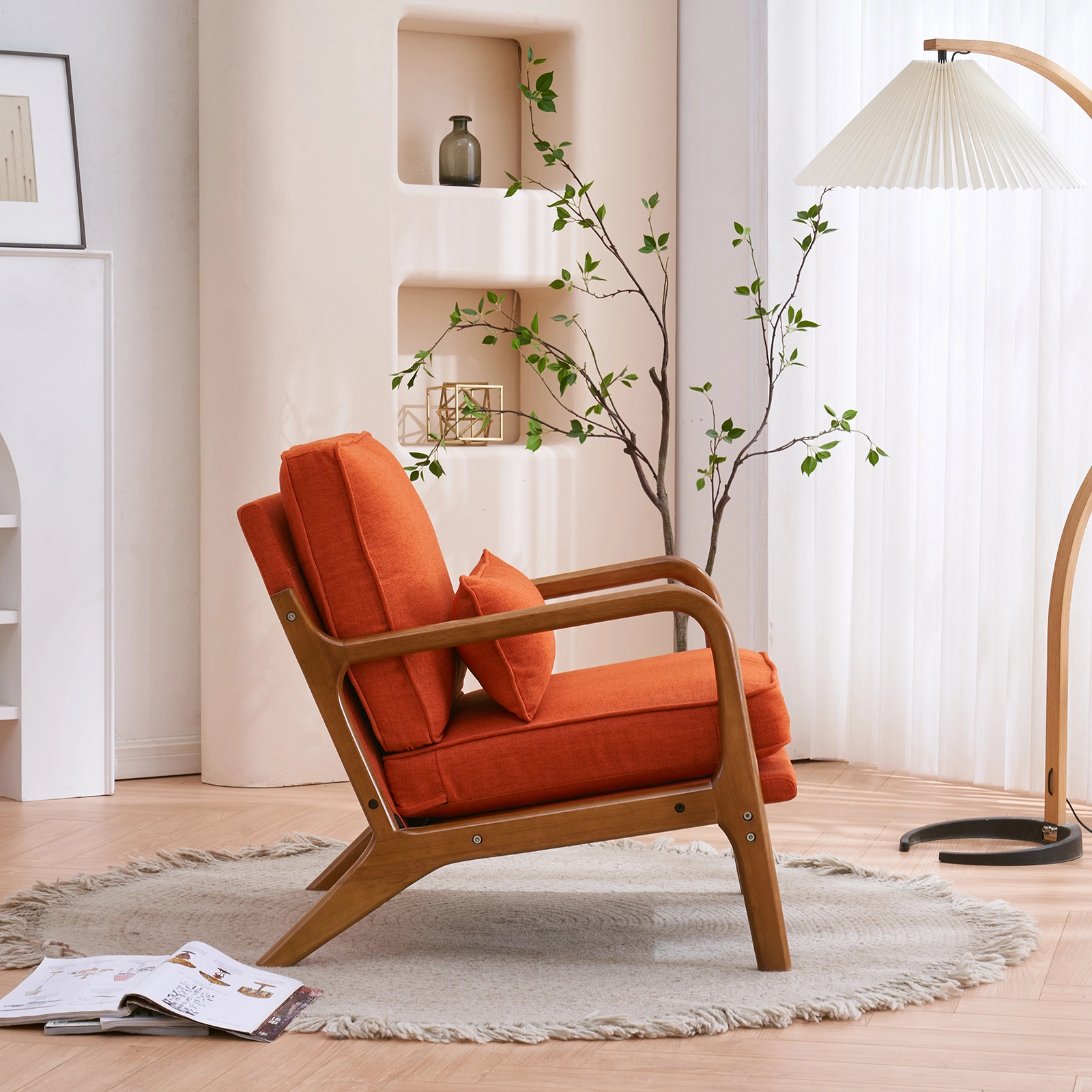 Oak Armrest Accent Chair, Single Upholstered Lounge Chair with Solid Oak Frame, Burnt Orange Indoor Leisure Chair view 30