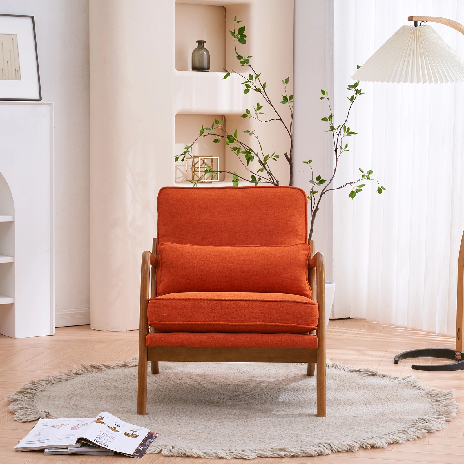 Oak Armrest Accent Chair, Single Upholstered Lounge Chair with Solid Oak Frame, Burnt Orange Indoor Leisure Chair view 31