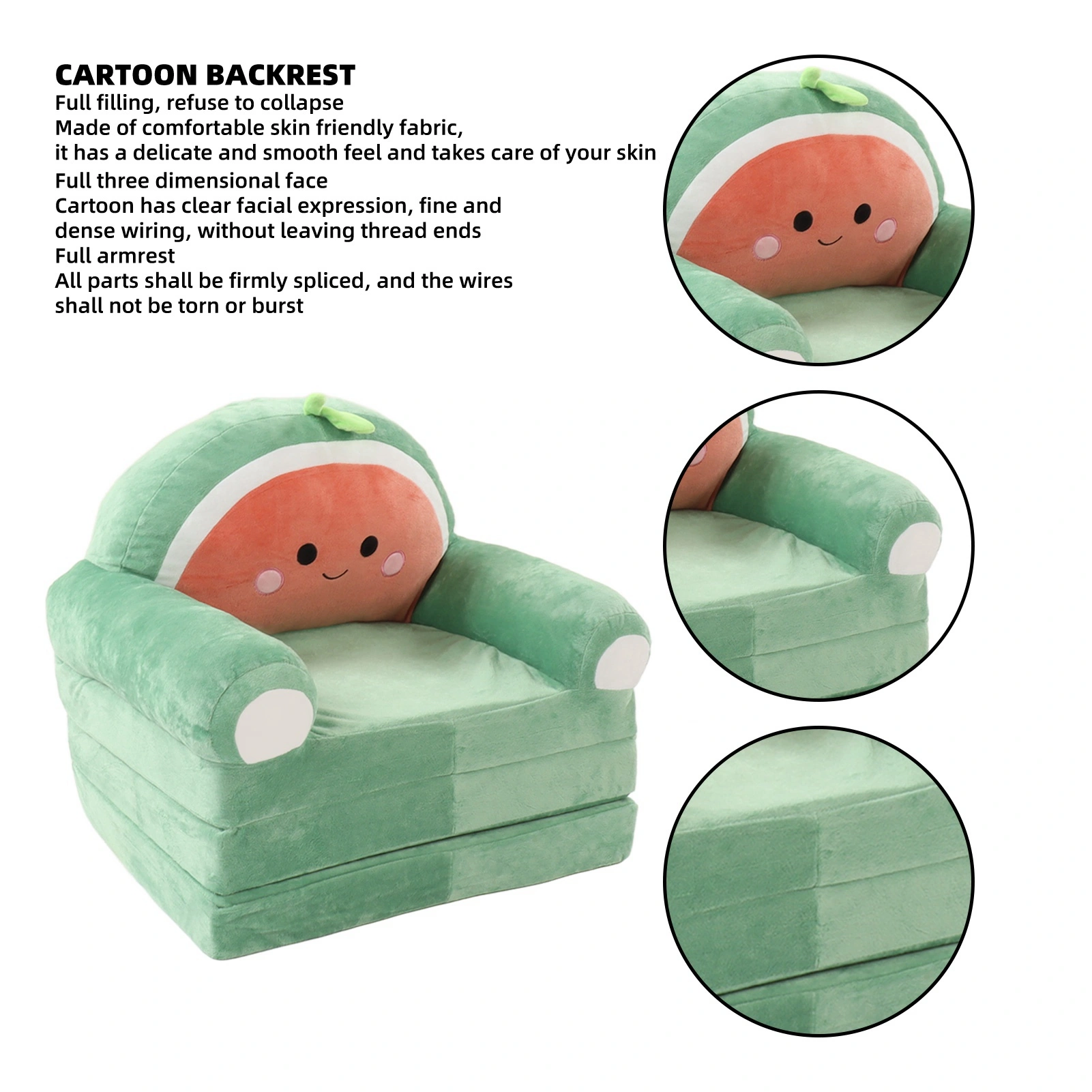 Cute Cartoon Foldable Kids Sofa Bed, 2 in 1 Backrest Armchair Children Folding Couch with Armrests, Green Kids Sofa for Living Room Bedroom view 2