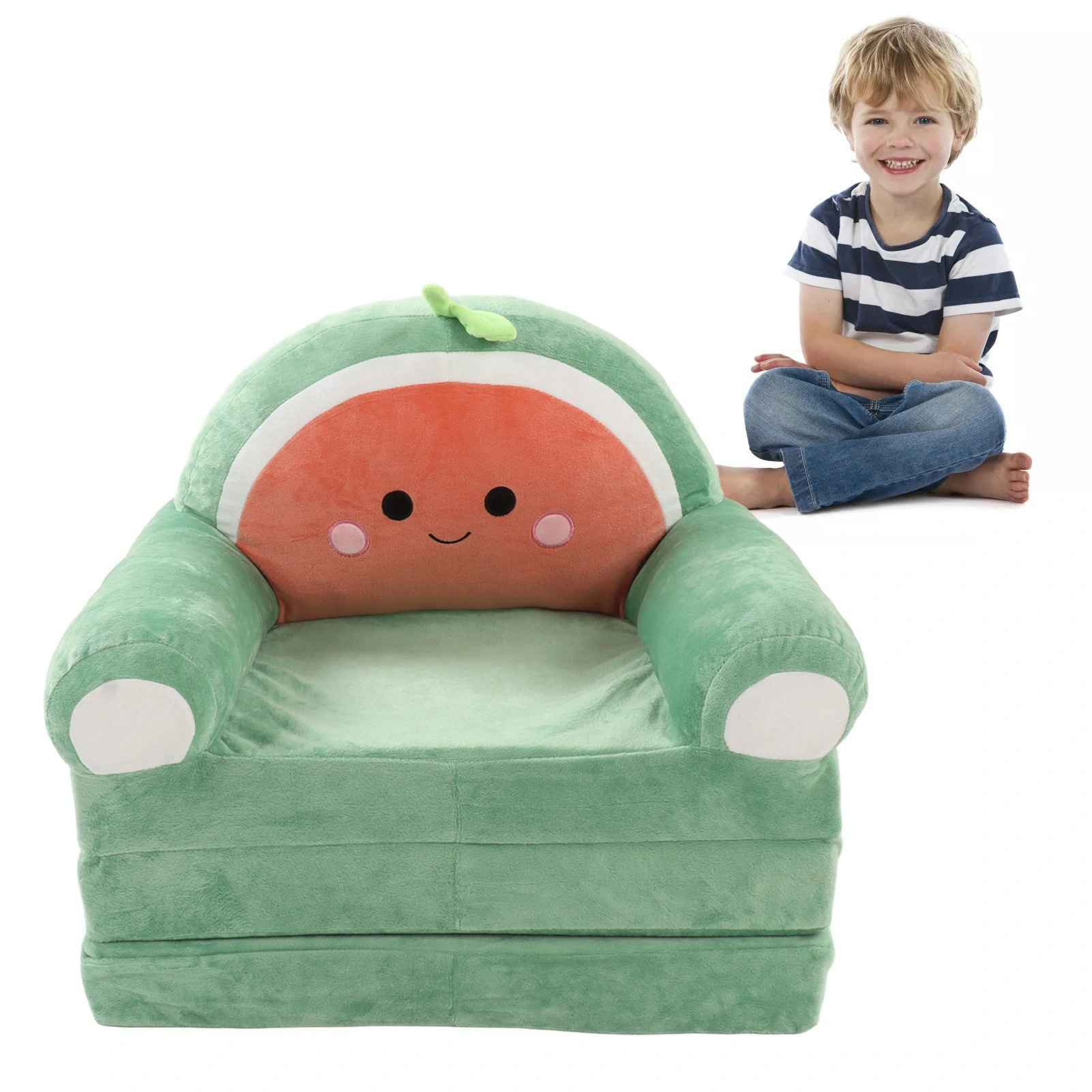 Cute Cartoon Foldable Kids Sofa Bed, 2 in 1 Backrest Armchair Children Folding Couch with Armrests, Green Kids Sofa for Living Room Bedroom view 4