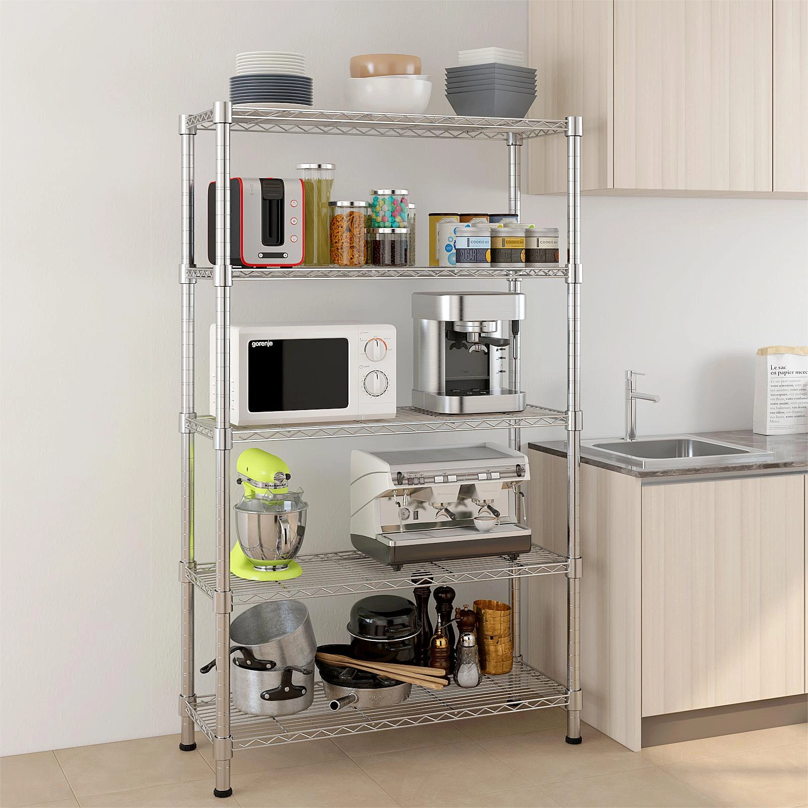 5-Tier Chrome Plated Steel Shelving Unit, Heavy Duty Wire Storage Rack 180x90x35cm, Adjustable Metal Shelf for Garage, Warehouse, Kitchen view 9