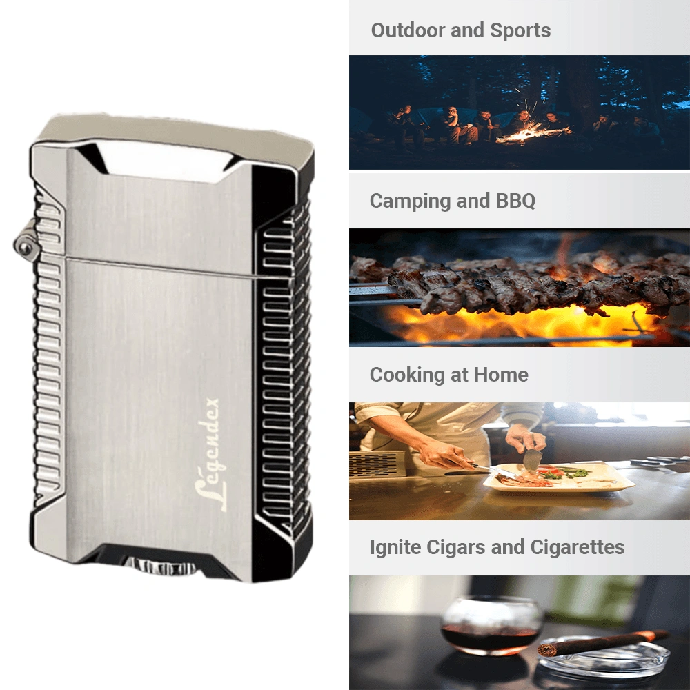 LEGENDIX PICNICKER Double Torch Lighter White Nickel Refillable Adjustable Flame Cigar Outdoor Kitchen view 5