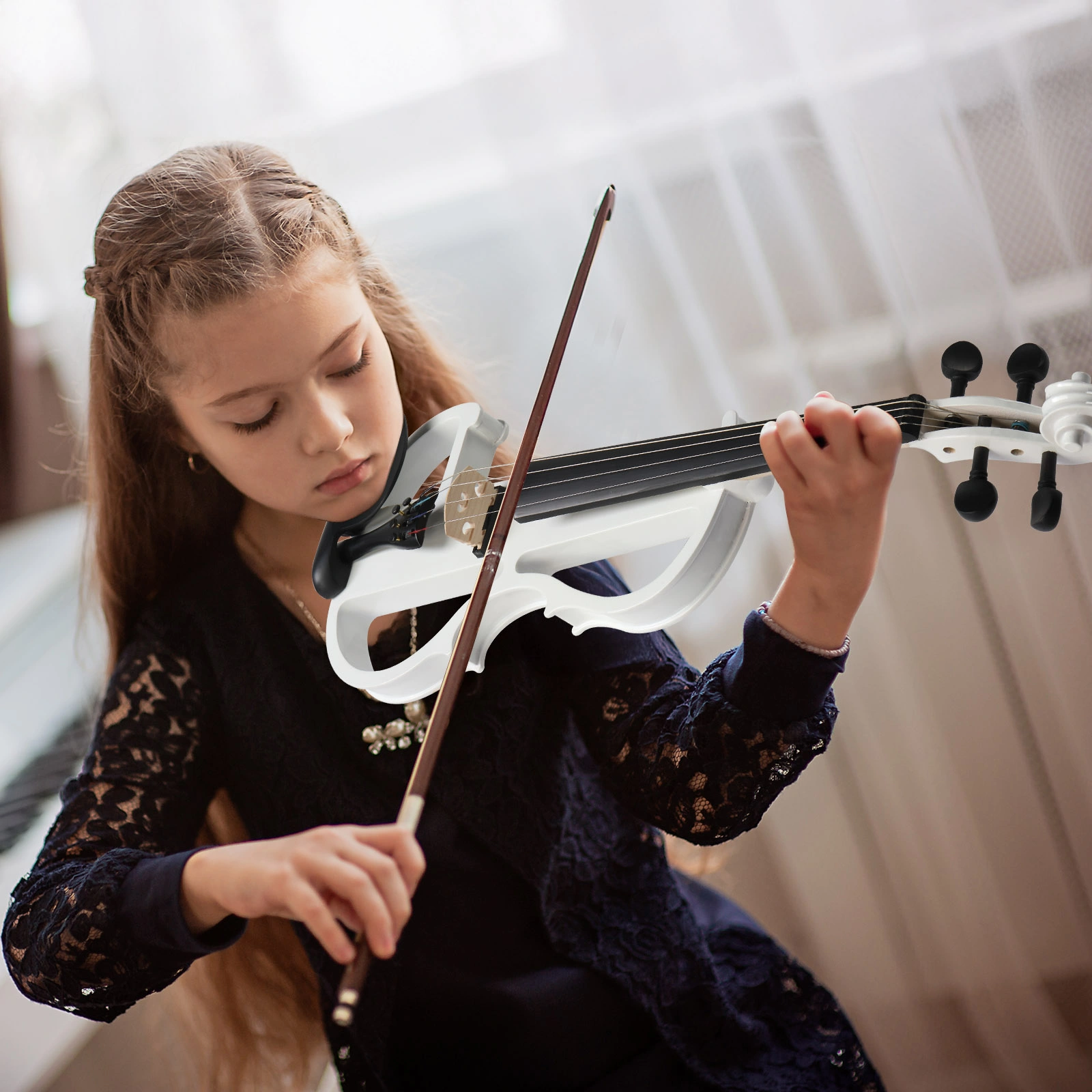 Full Size 4/4 Bunnel Edge Electric Silent Violin with Case Bow Rosin Headphone Connecting Line White view 3