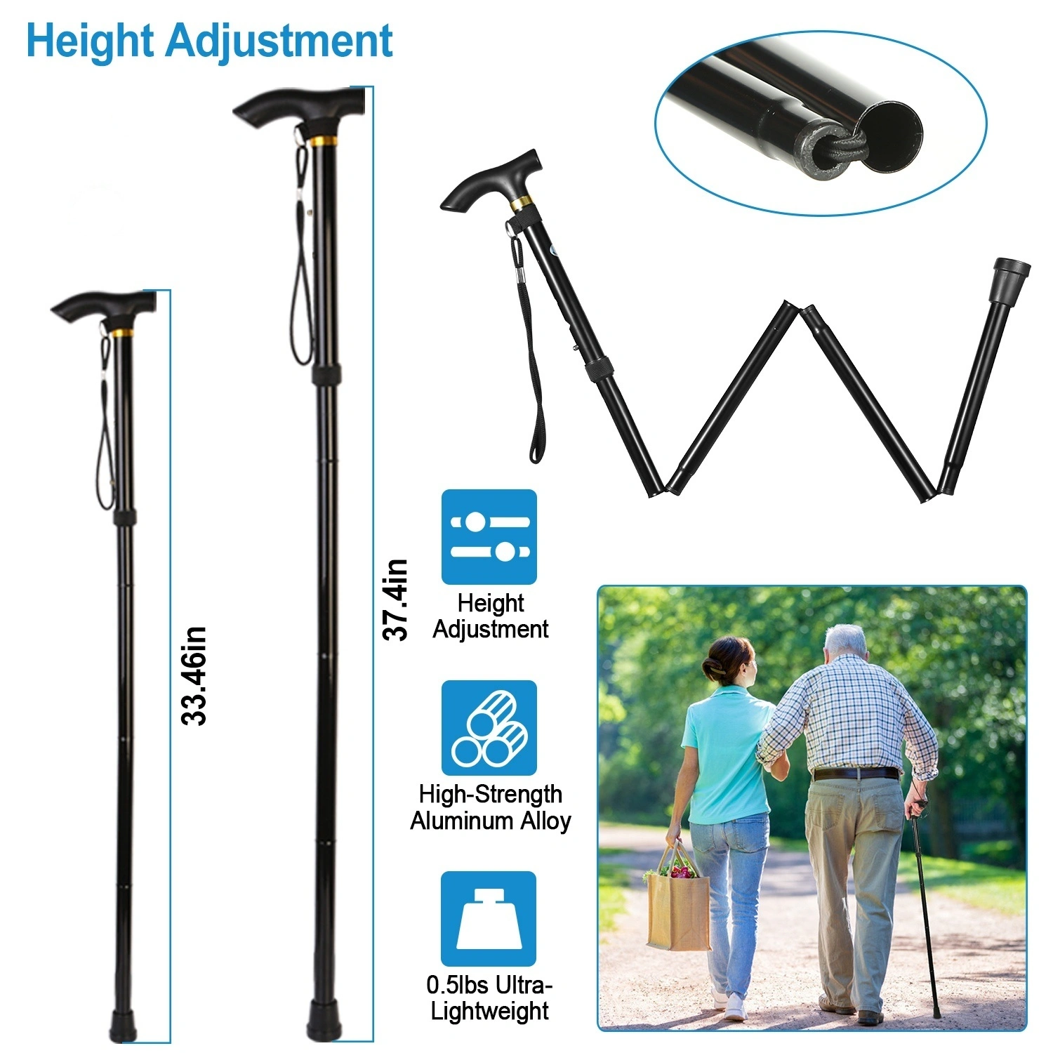 Travel Folding Hiking Pole, Collapsible Trekking Walking Stick, Adjustable Portable Cane Mobility Aid for Men Women, Black