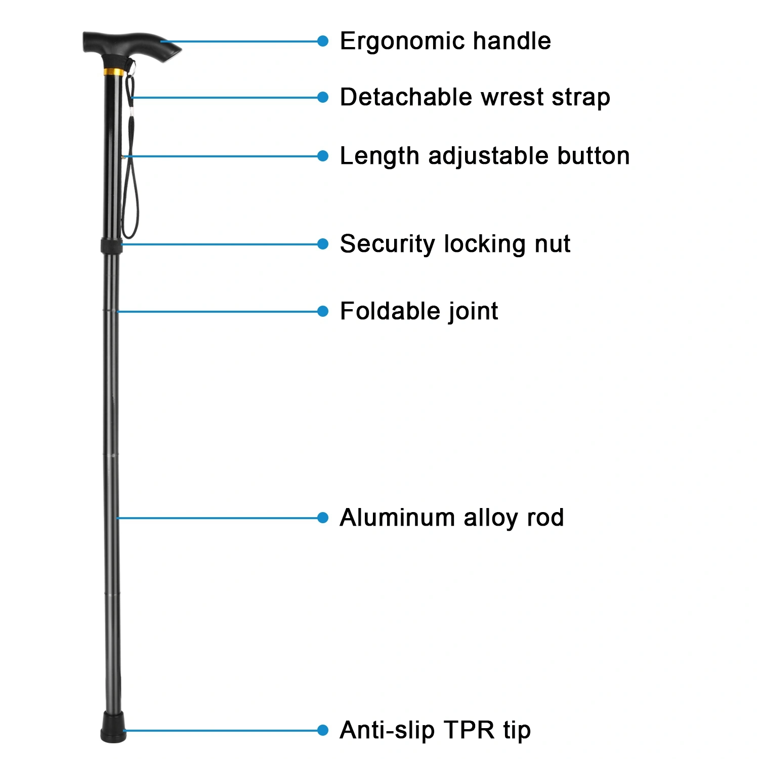 Travel Folding Hiking Pole, Collapsible Trekking Walking Stick, Adjustable Portable Cane Mobility Aid for Men Women, Black view 2