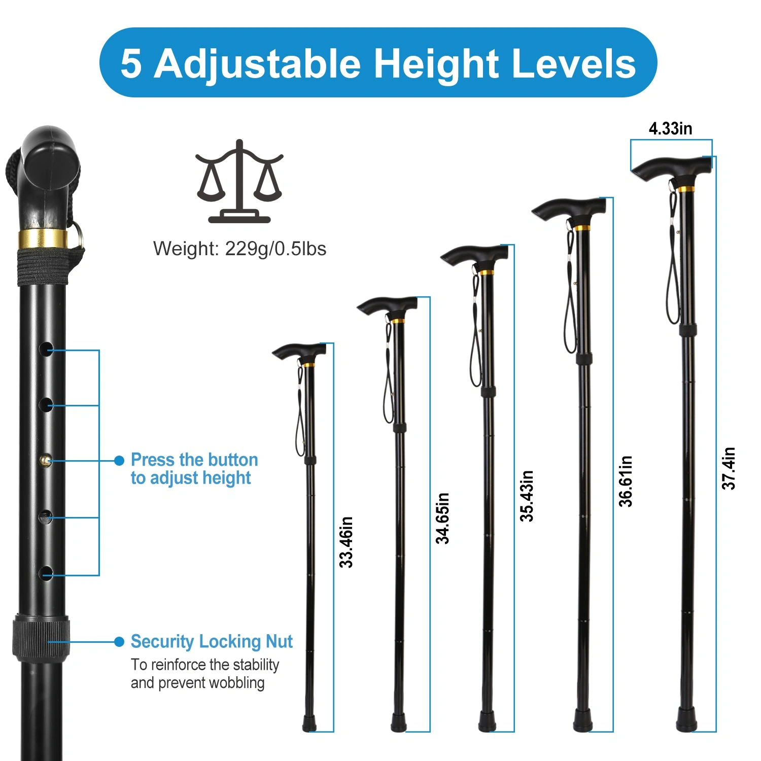 Travel Folding Hiking Pole, Collapsible Trekking Walking Stick, Adjustable Portable Cane Mobility Aid for Men Women, Black view 4