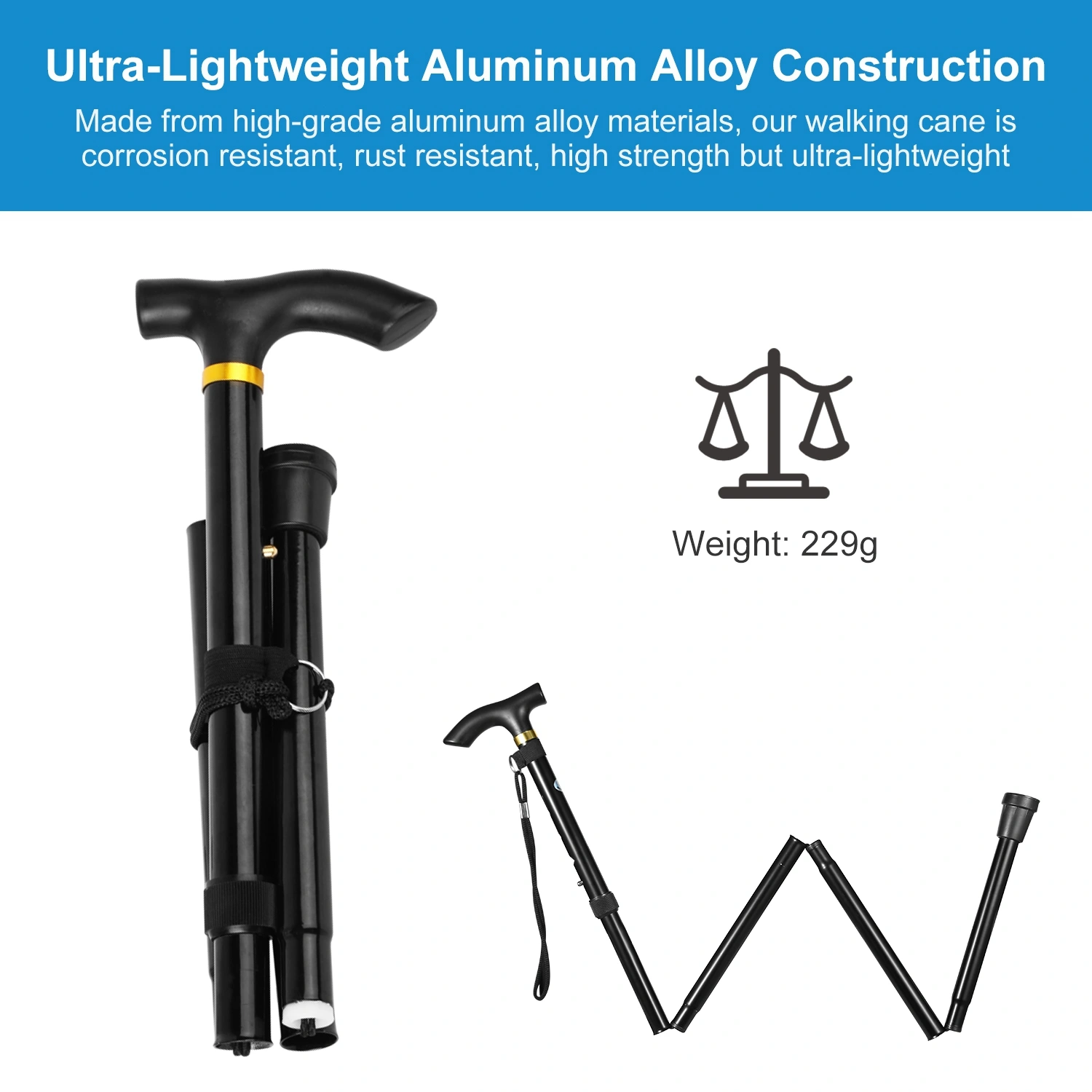 Travel Folding Hiking Pole, Collapsible Trekking Walking Stick, Adjustable Portable Cane Mobility Aid for Men Women, Black view 5