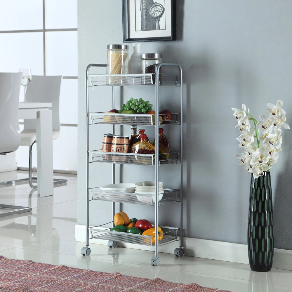 Silver 5-Tier Honeycomb Mesh Removable Storage Cart with Wheels view 2