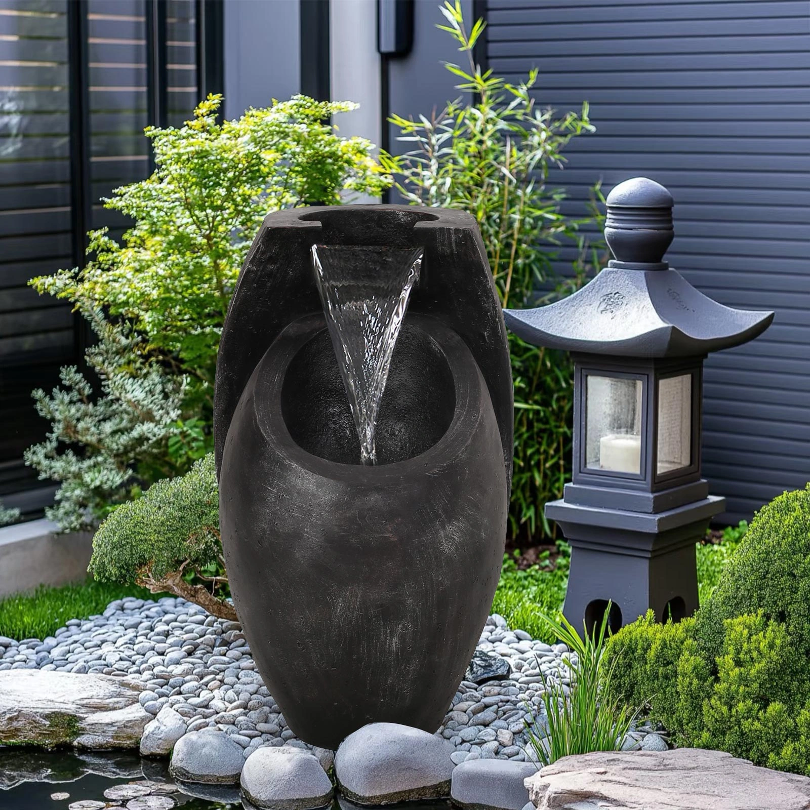 Backyard Water Fountain – 21.5" Tall Floor Standing Fountain, Indoor/Outdoor Modern Two-Tier Waterfall for Garden, Patio, or Yard Décor