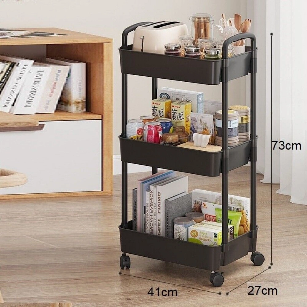 3-Tier Rolling Cart Storage Shelf - Black Mobile Utility Cart for Kitchen, Bathroom & Laundry Organization view 3