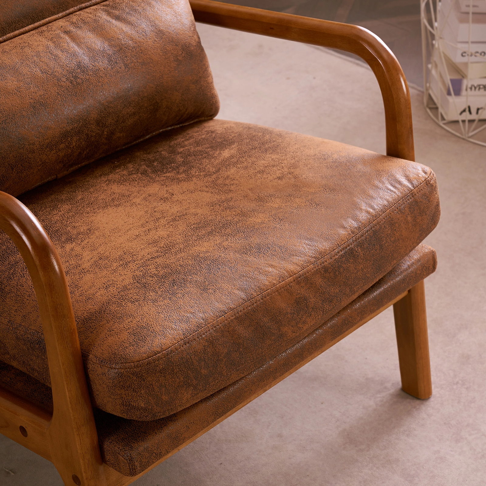High Back Solid Wood Armrest Backrest Iron Frame Bronzing Cloth Indoor Leisure Chair Orange view 26