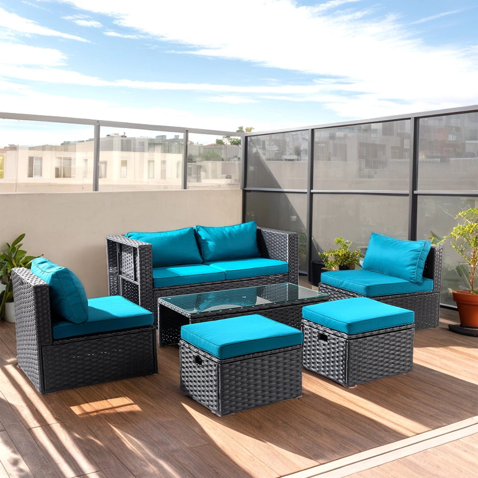 2pcs armless sofa + 2pcs footstool + 1pcs double sofa + 1pcs coffee table with storage black rattan and peacock green cushions, rattan multi-piece set view 7